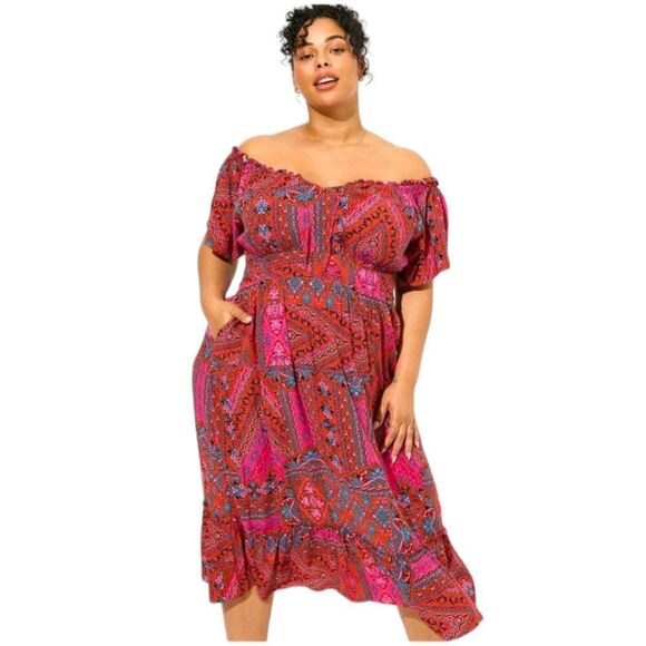 TORRID TEA LENGTH Challis Off Shoulder Peasent dress. - Picture 1 of 16